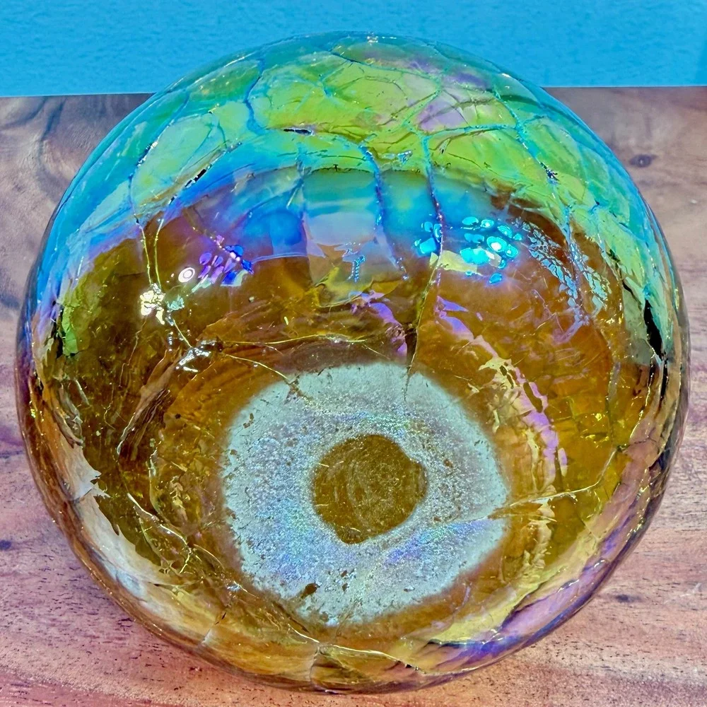 Vintage Amber Crackle Glass Vase Iridescent Hand Blown Round Bulbous Deco Vessel